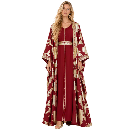 Red Gold Floral Embroidered Gamis Kaftan
