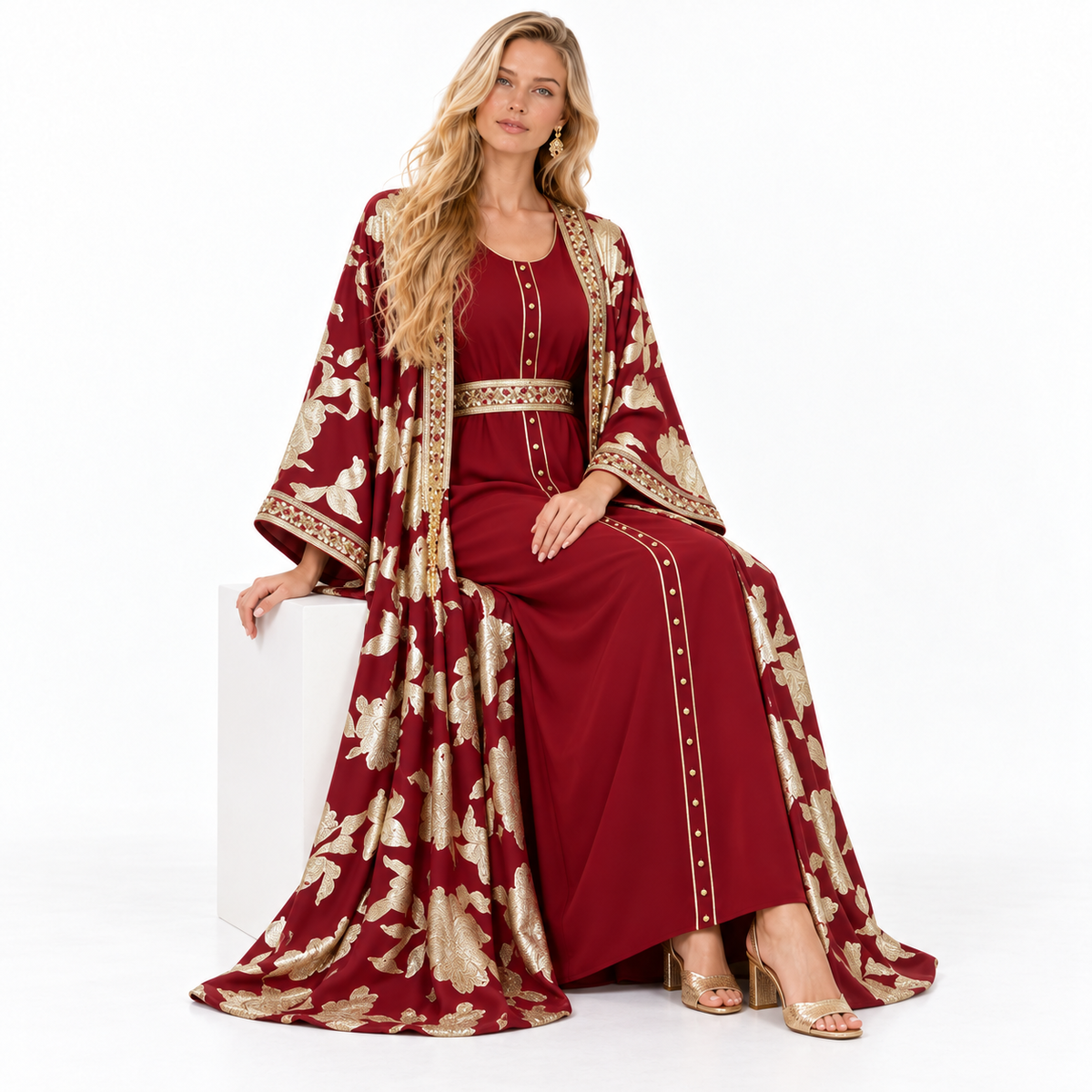 Red Gold Floral Embroidered Gamis Kaftan