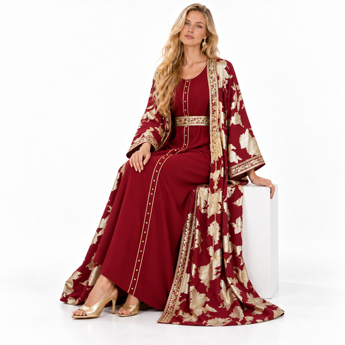Red Gold Floral Embroidered Gamis Kaftan