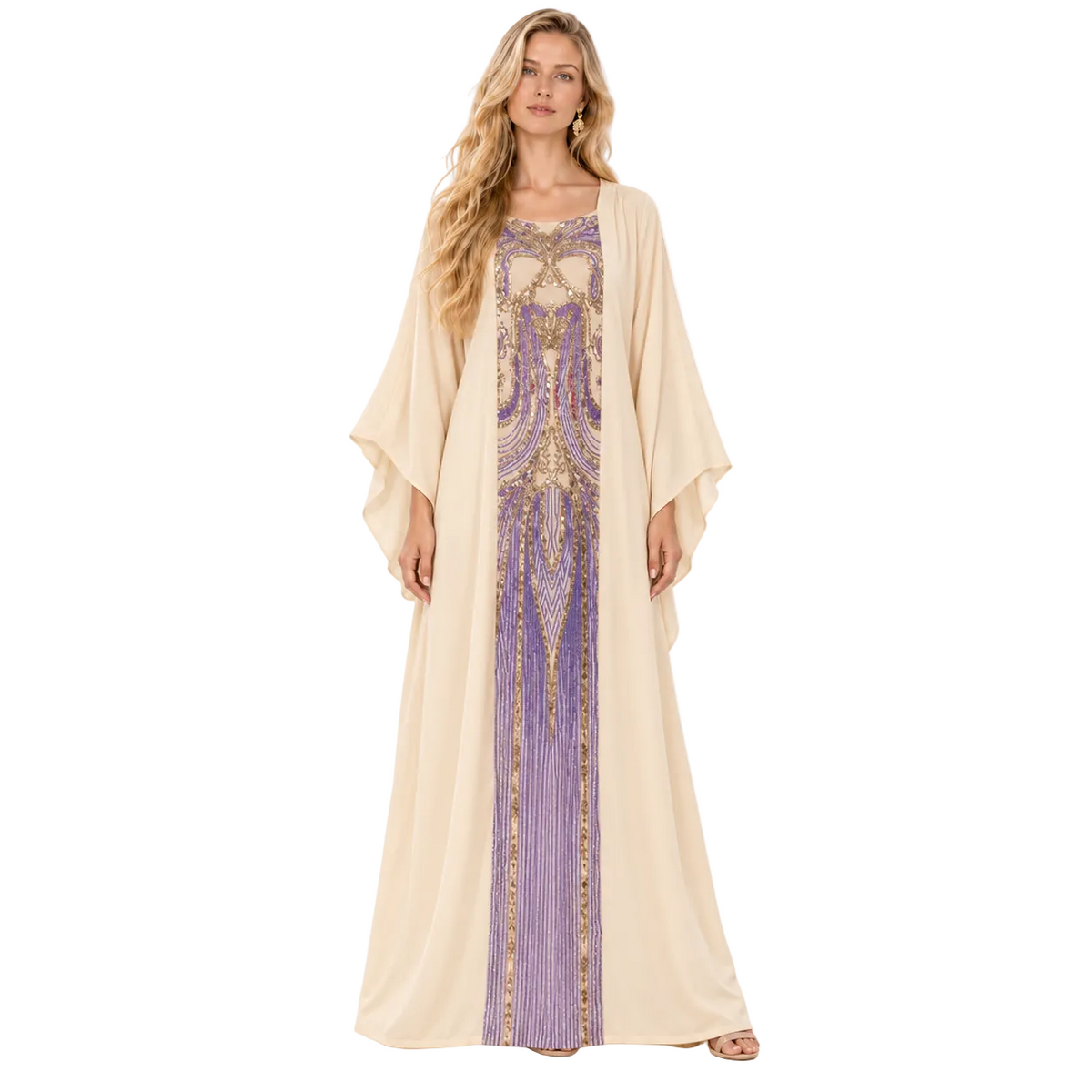 Elegant Beige Purple Embroidered Gamis Kaftan
