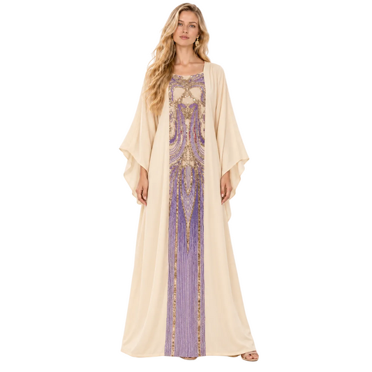Elegant Beige Purple Embroidered Gamis Kaftan