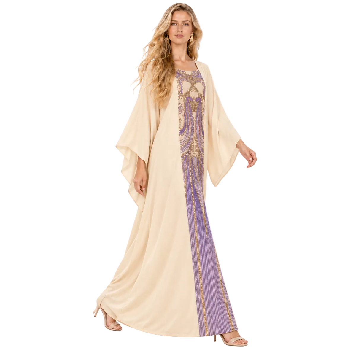 Elegant Beige Purple Embroidered Gamis Kaftan