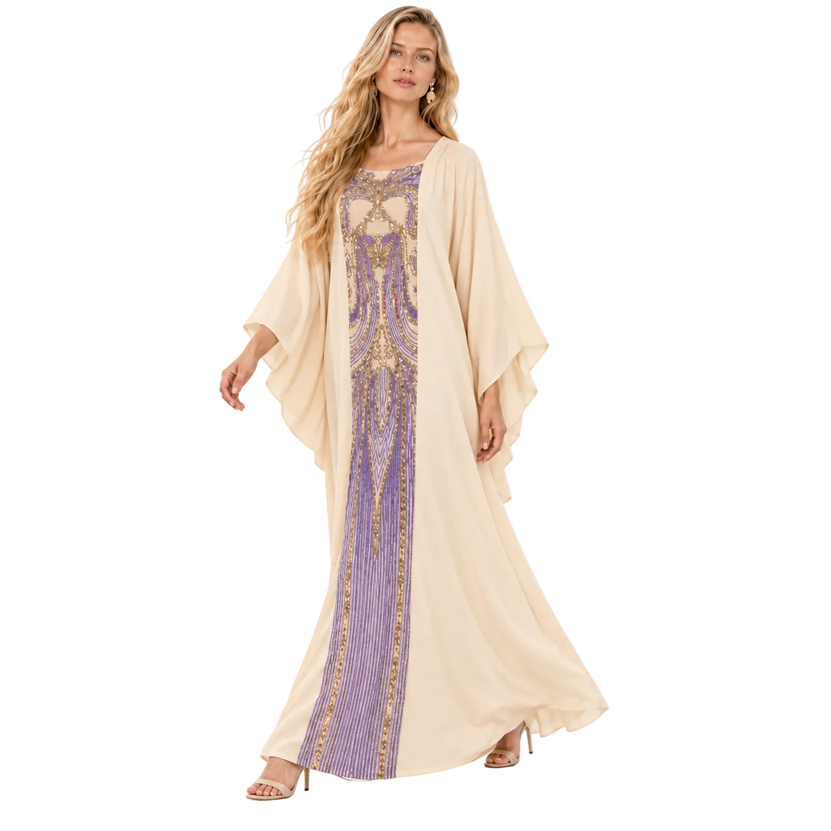 Elegant Beige Purple Embroidered Gamis Kaftan