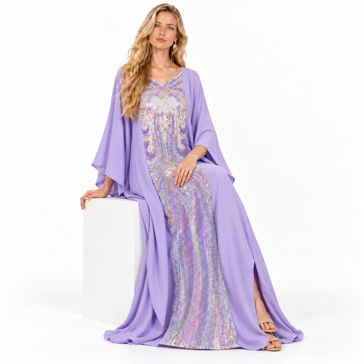 Elegant Purple Embroidered Flowing Gamis Kaftan