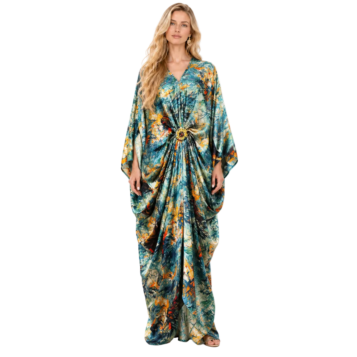Blue Tropical Print Batwing Gamis Kaftan