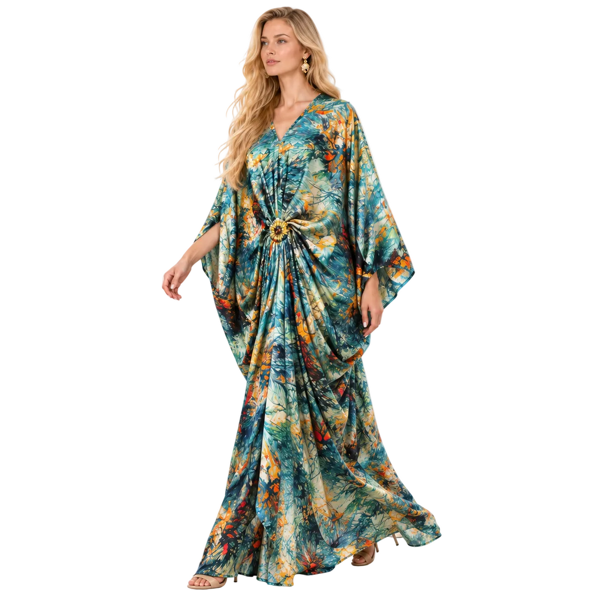Blue Tropical Print Batwing Gamis Kaftan