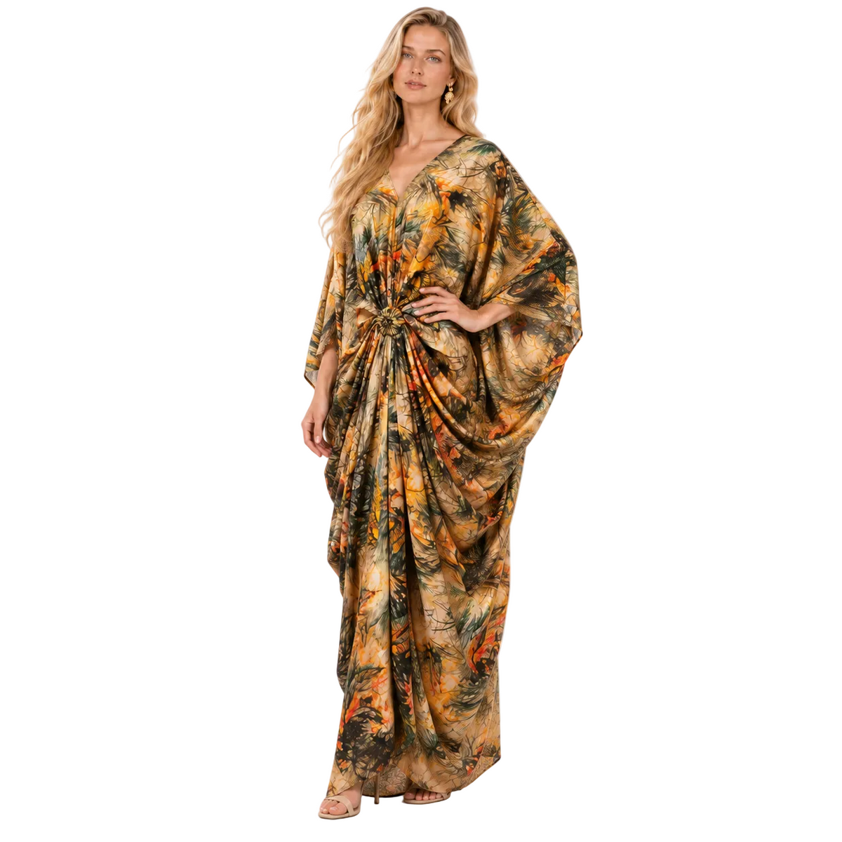 Elegant Cream Botanical Printed Gamis Kaftan