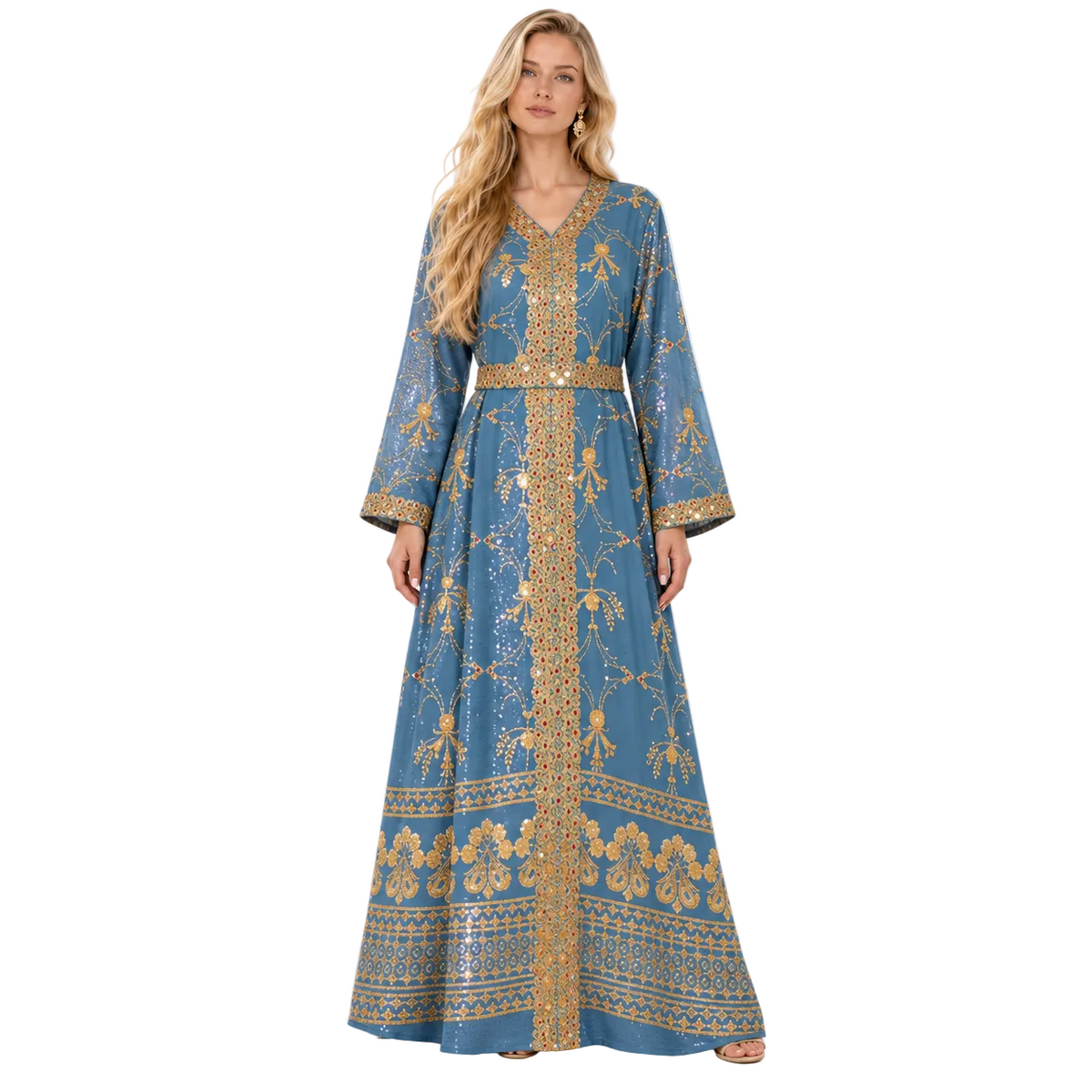 Blue Gold Embroidered Luxury Gamis Kaftan