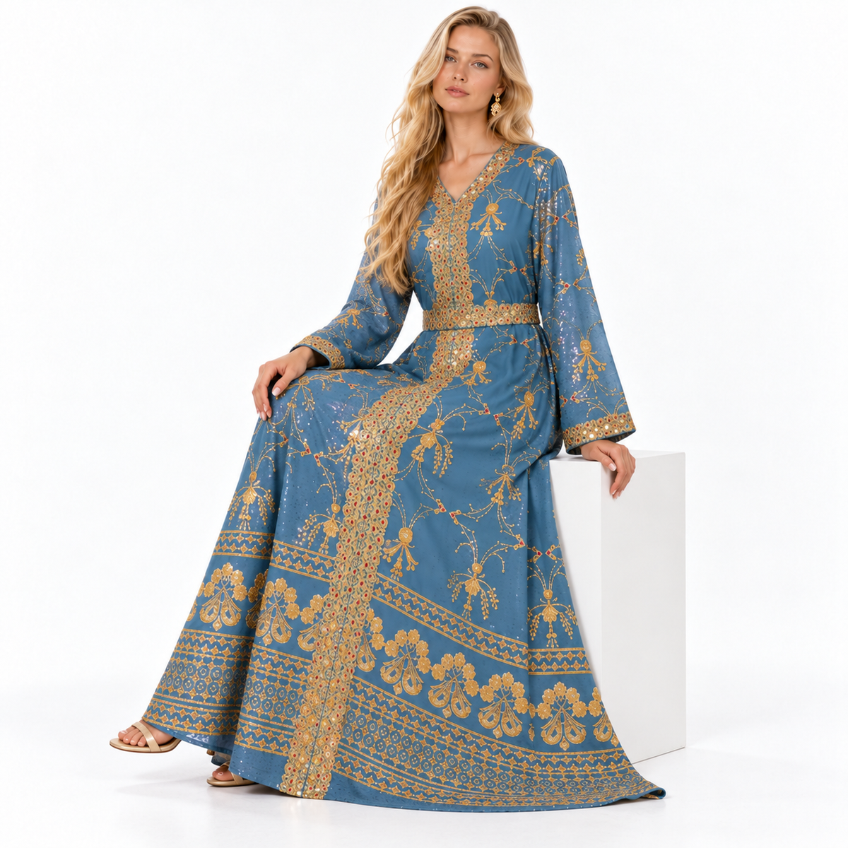 Blue Gold Embroidered Luxury Gamis Kaftan