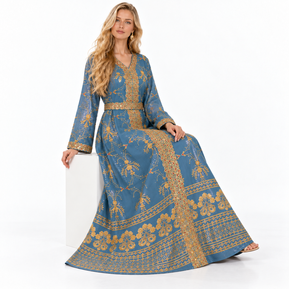 Blue Gold Embroidered Luxury Gamis Kaftan
