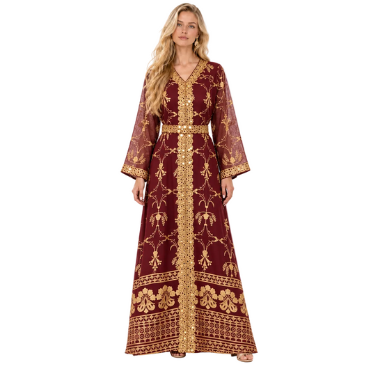 Red Gold Embroidered Elegant Gamis Kaftan