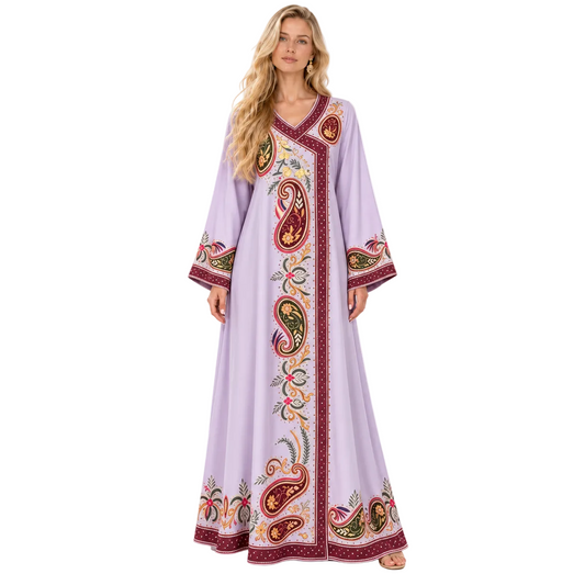 Lavender Paisley Embroidered Elegant Gamis Kaftan