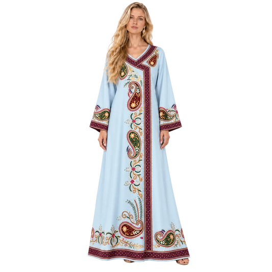 Light Blue Paisley Embroidered Gamis Kaftan
