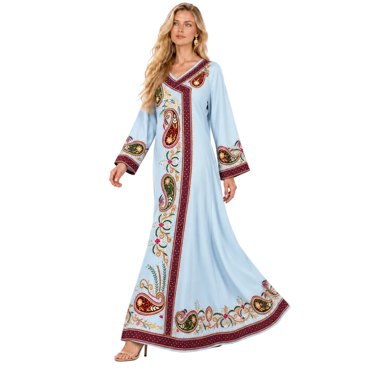 Light Blue Paisley Embroidered Gamis Kaftan