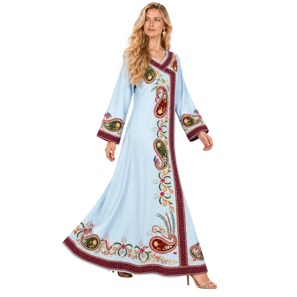 Light Blue Paisley Embroidered Gamis Kaftan