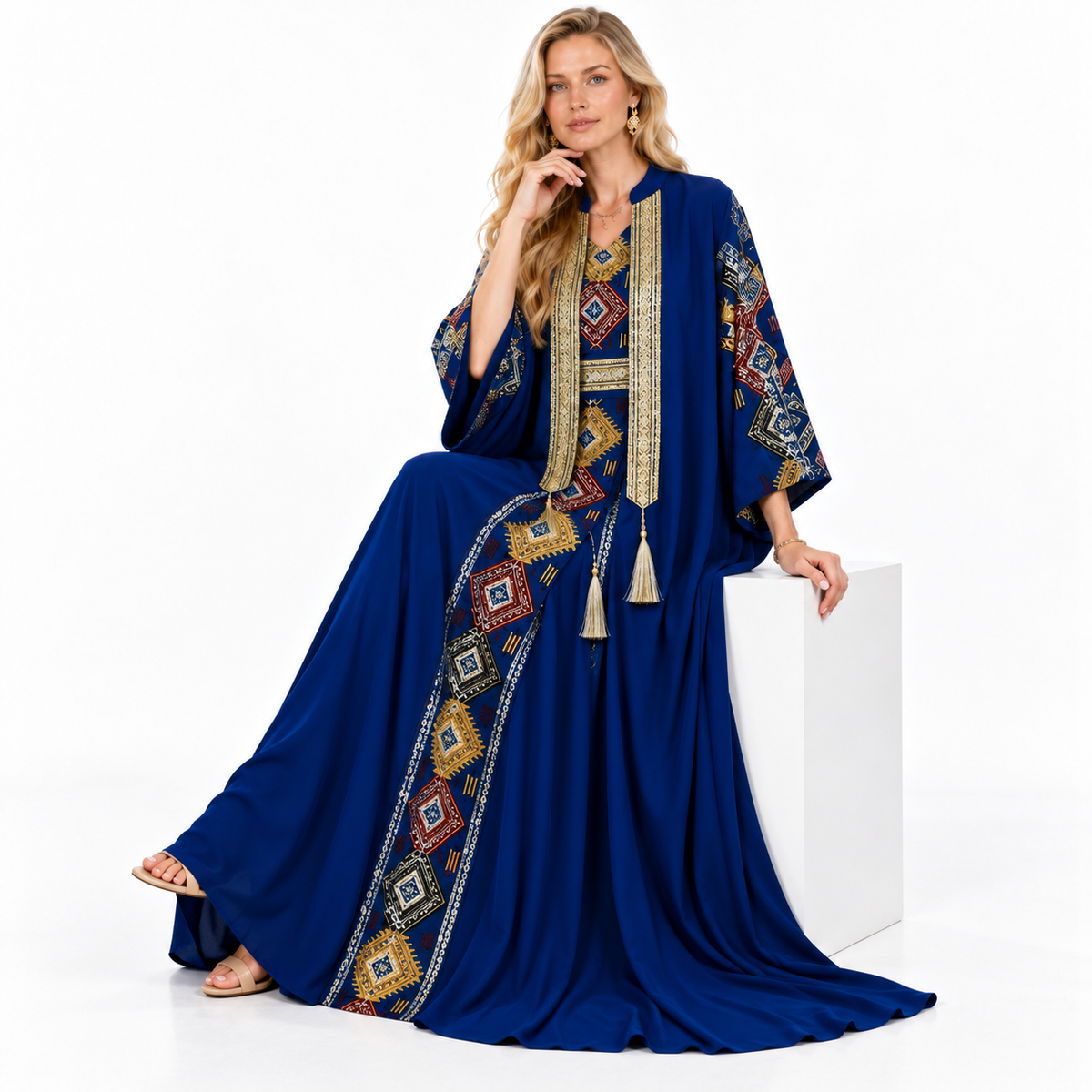 Royal Blue Geometric Embroidered Gamis Kaftan