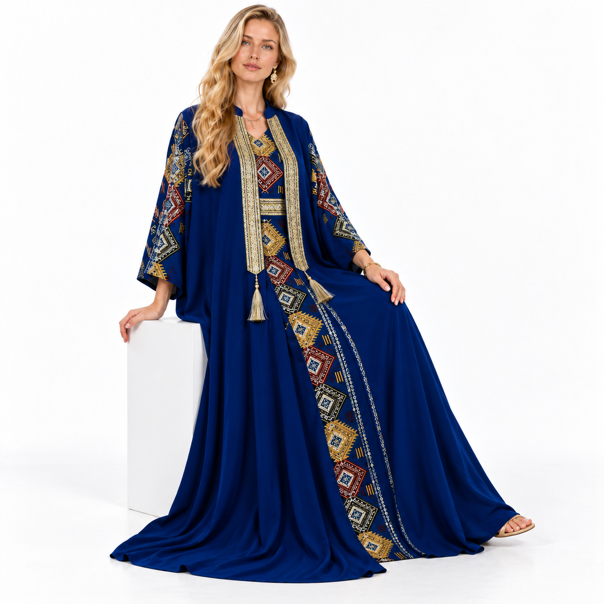 Royal Blue Geometric Embroidered Gamis Kaftan