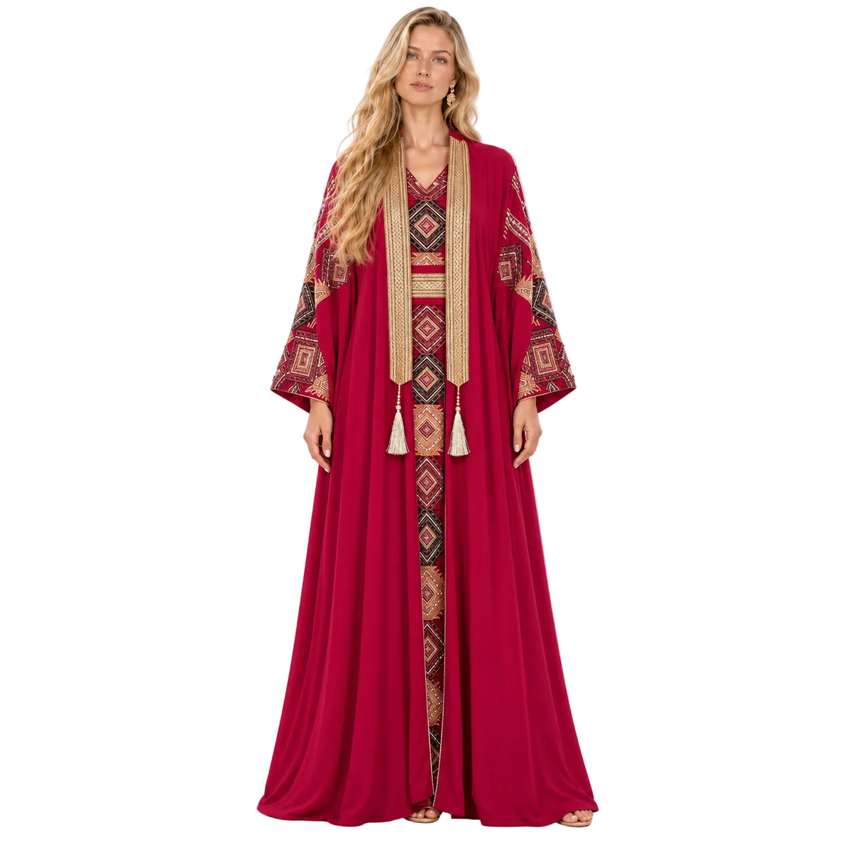 Burgundy Geometric Embroidered Elegant Gamis Kaftan