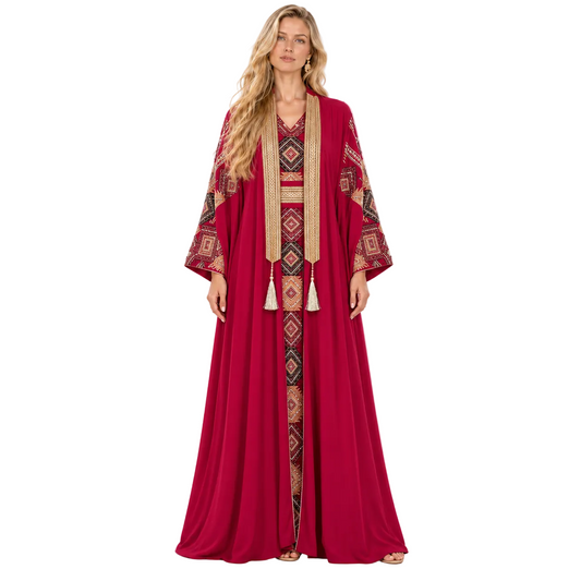 Burgundy Geometric Embroidered Elegant Gamis Kaftan