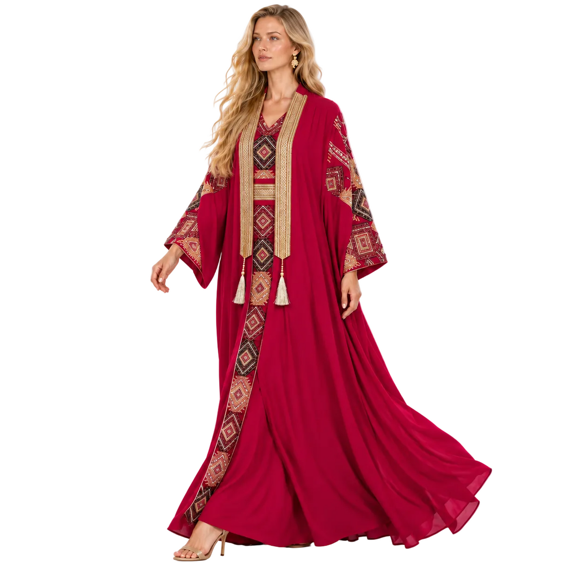 Burgundy Geometric Embroidered Elegant Gamis Kaftan