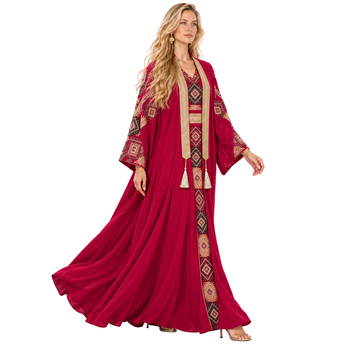 Burgundy Geometric Embroidered Elegant Gamis Kaftan