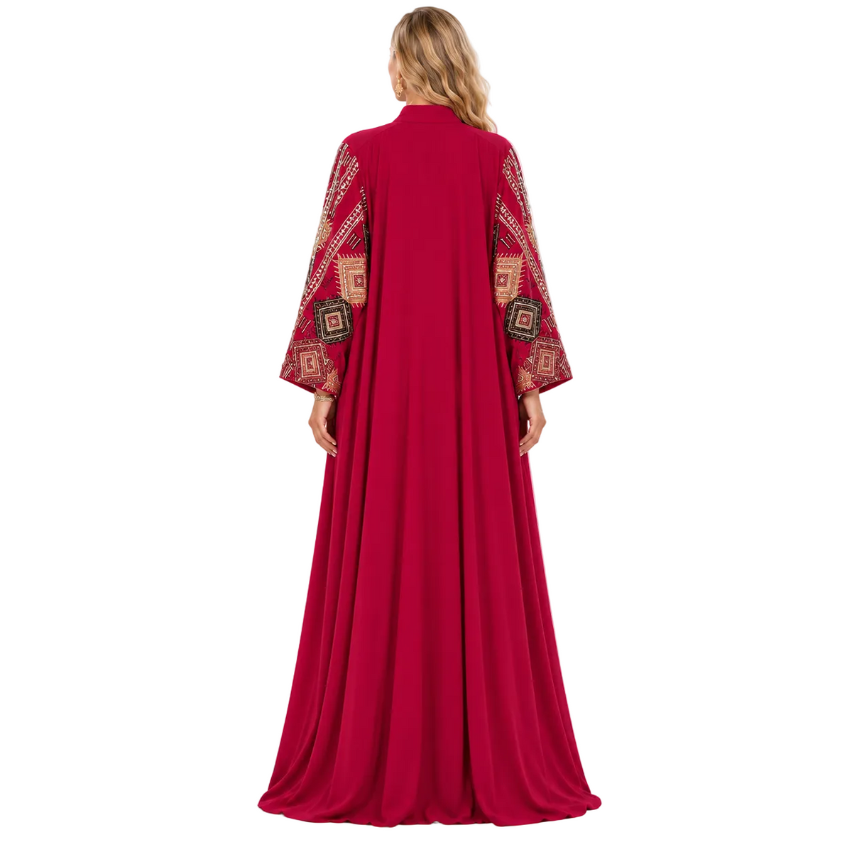Burgundy Geometric Embroidered Elegant Gamis Kaftan