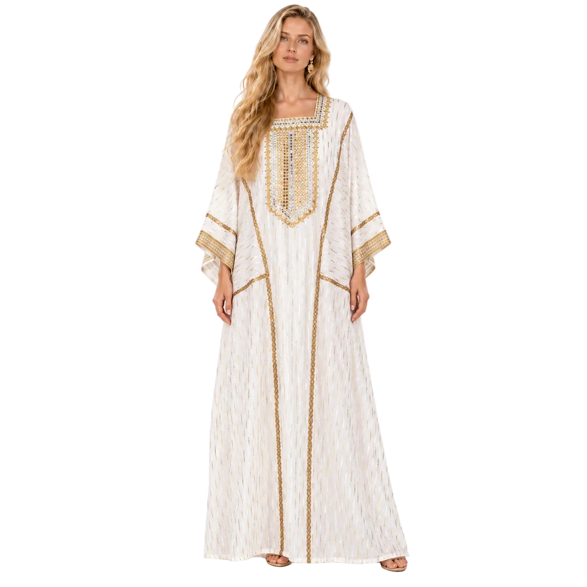 Elegant White Gold Embroidered Gamis Kaftan