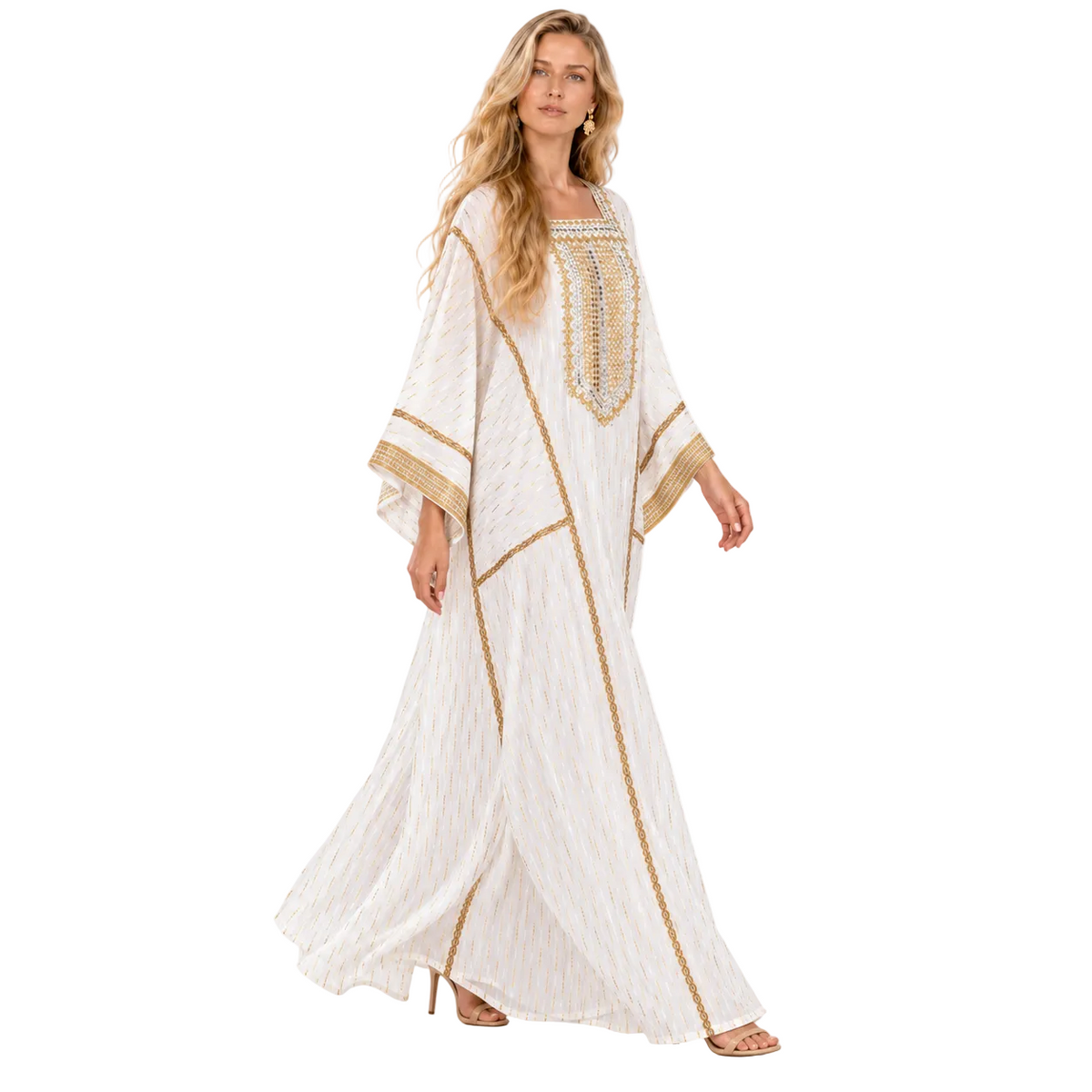 Elegant White Gold Embroidered Gamis Kaftan