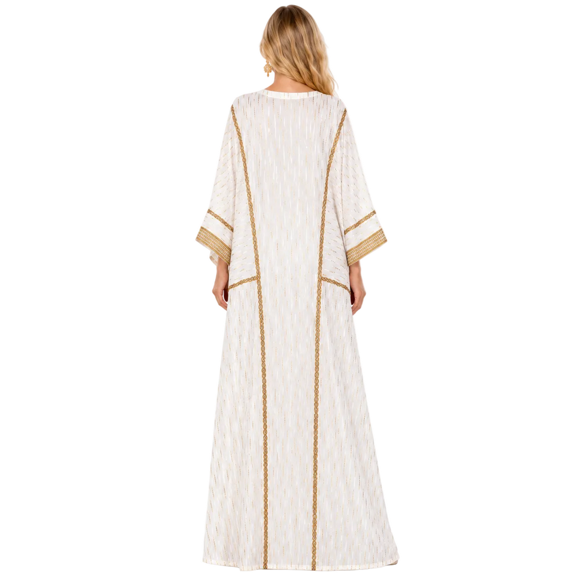 Elegant White Gold Embroidered Gamis Kaftan
