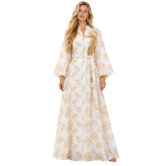 White Gold Floral Embroidered Gamis Kaftan