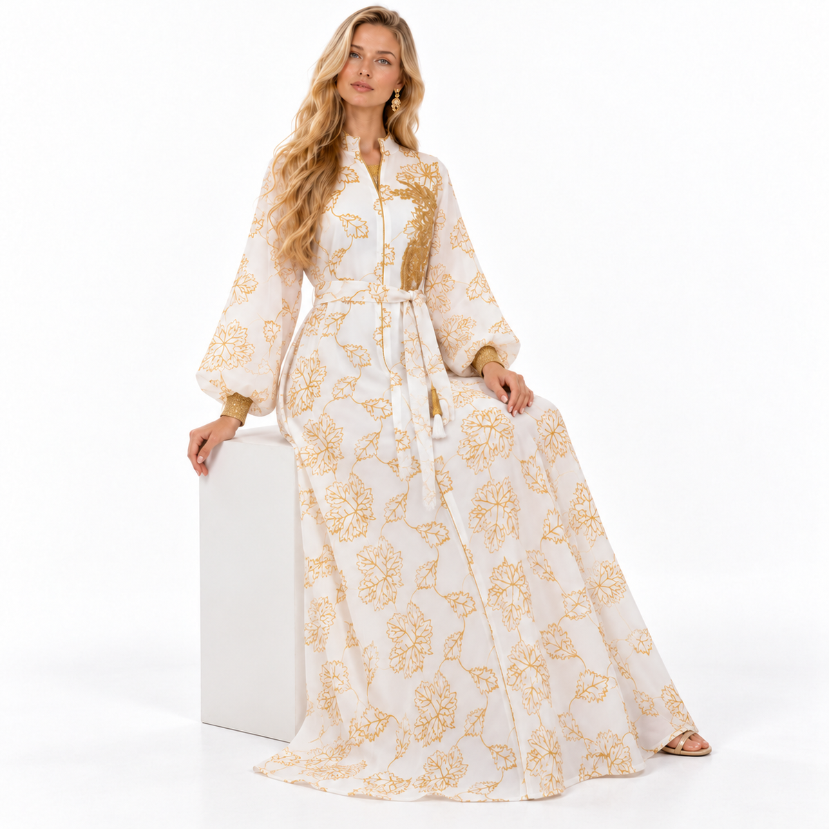 White Gold Floral Embroidered Gamis Kaftan