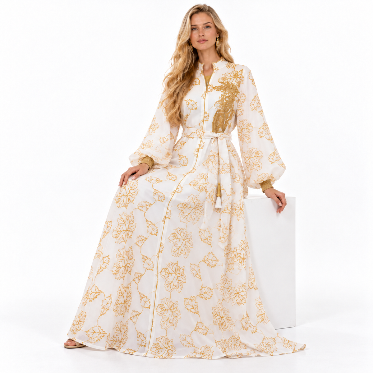 White Gold Floral Embroidered Gamis Kaftan