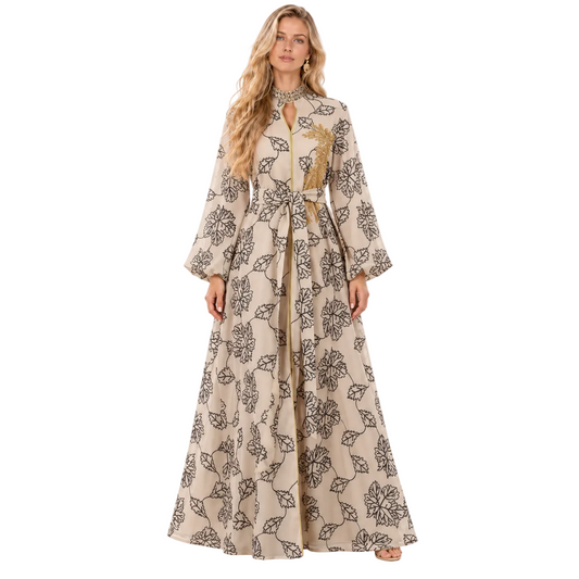 Elegant Apricot Floral Printed Gamis Kaftan