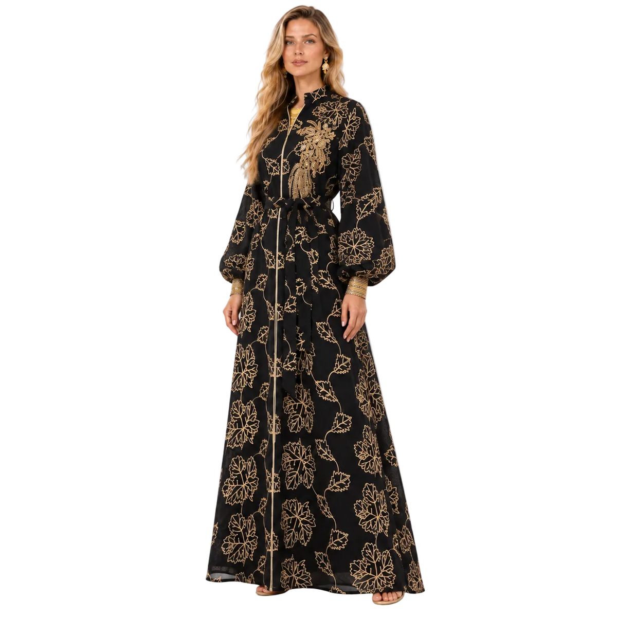 Black Gold Floral Embroidered Gamis Kaftan
