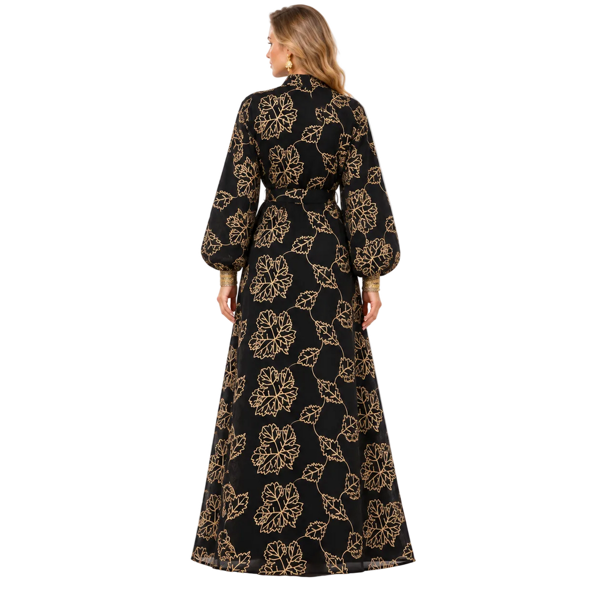 Black Gold Floral Embroidered Gamis Kaftan