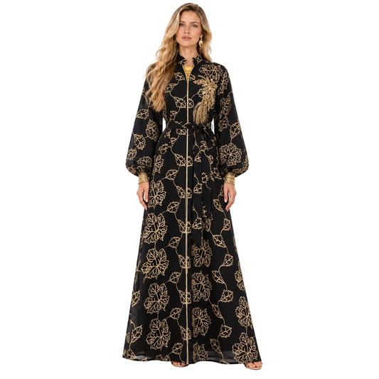 Black Gold Floral Embroidered Gamis Kaftan
