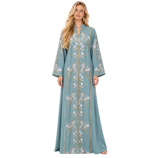 Light Green Floral Embroidered Gamis Kaftan