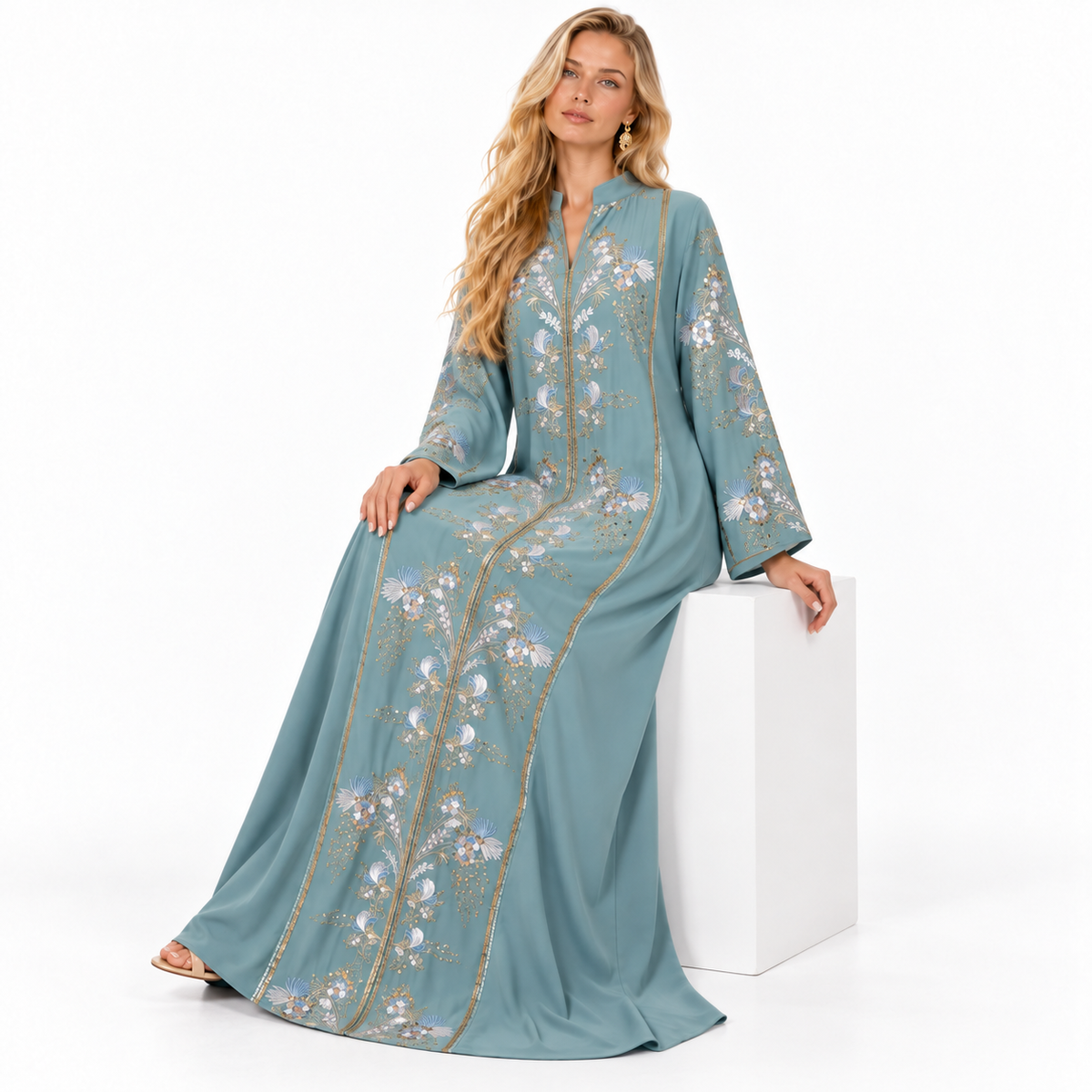Light Green Floral Embroidered Gamis Kaftan