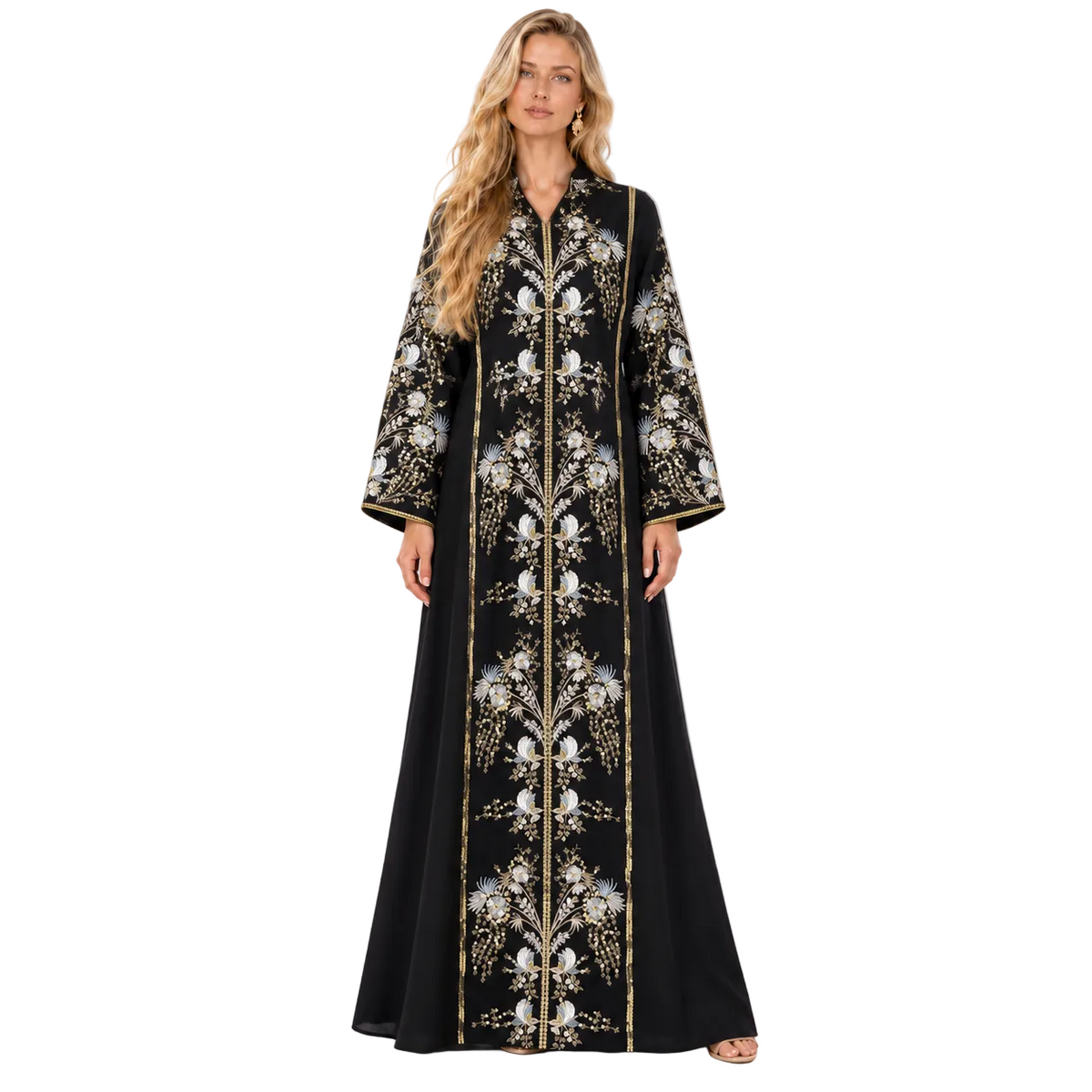 Elegant Black Floral Embroidered Gamis Kaftan