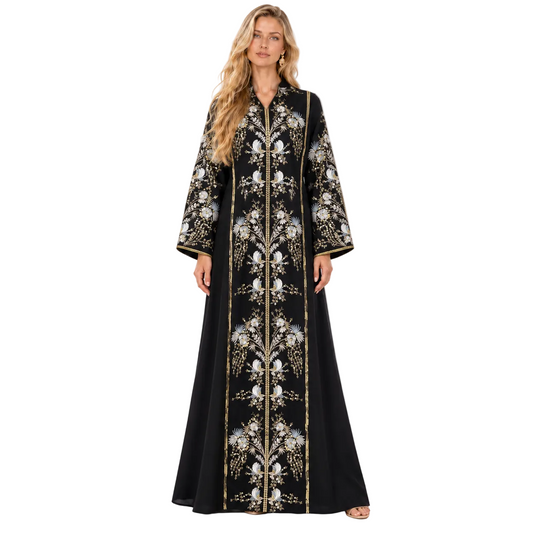 Elegant Black Floral Embroidered Gamis Kaftan