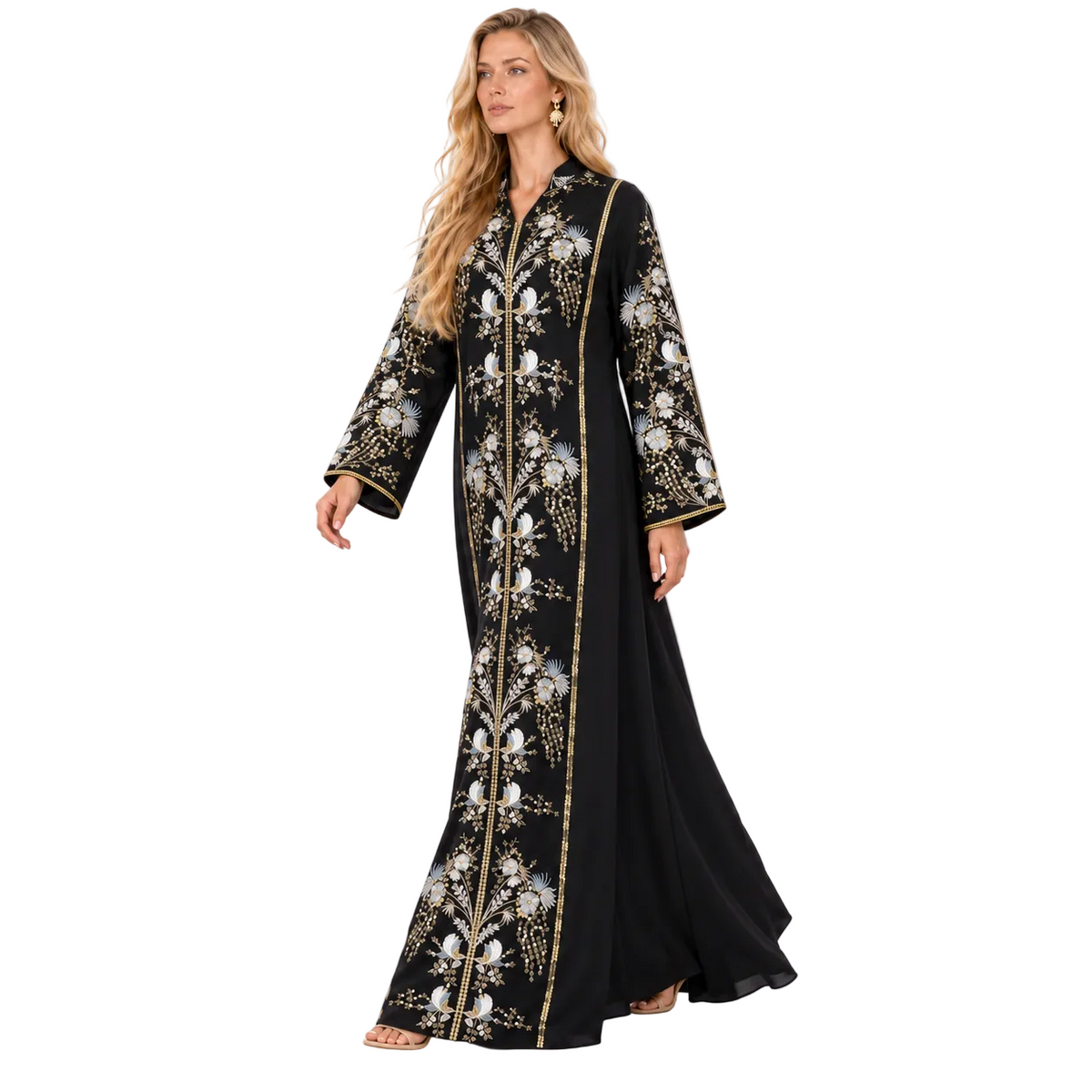 Elegant Black Floral Embroidered Gamis Kaftan