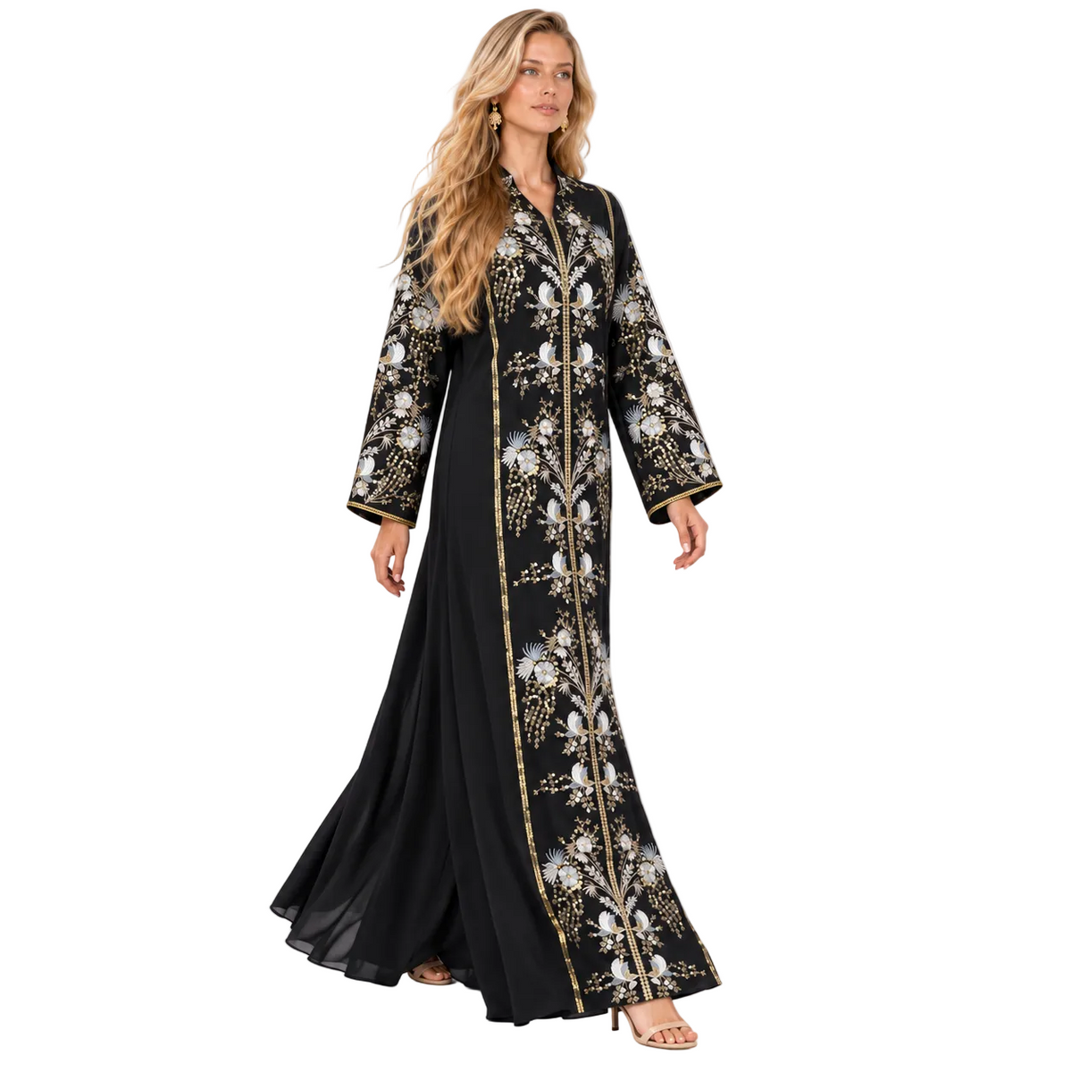 Elegant Black Floral Embroidered Gamis Kaftan