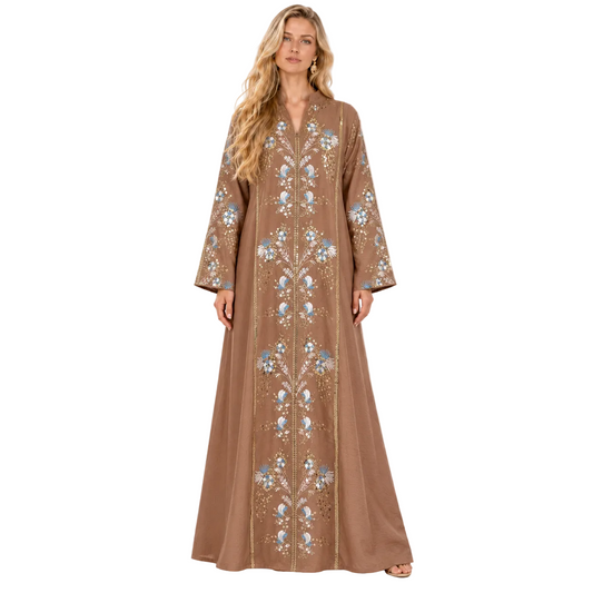 Coffee Blue Floral Embroidered Gamis Kaftan