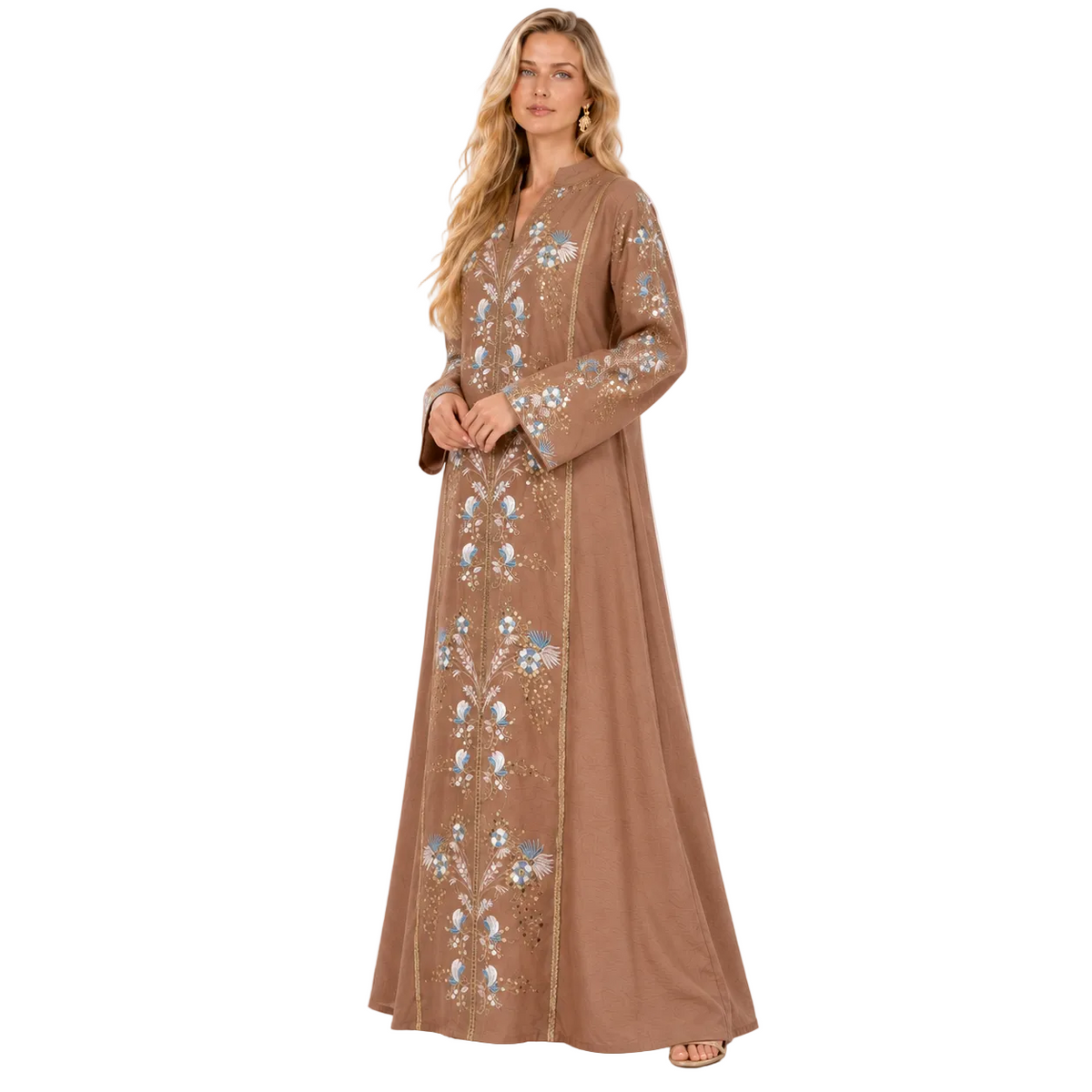 Coffee Blue Floral Embroidered Gamis Kaftan