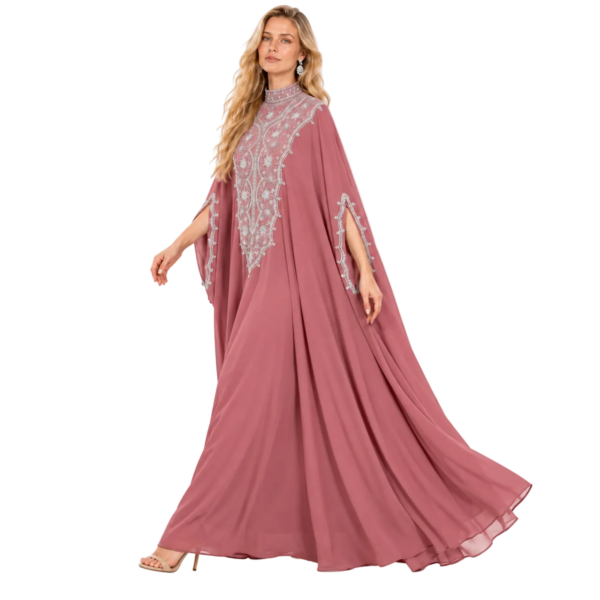 Elegant Dusty Rose Embroidered Gamis Kaftan