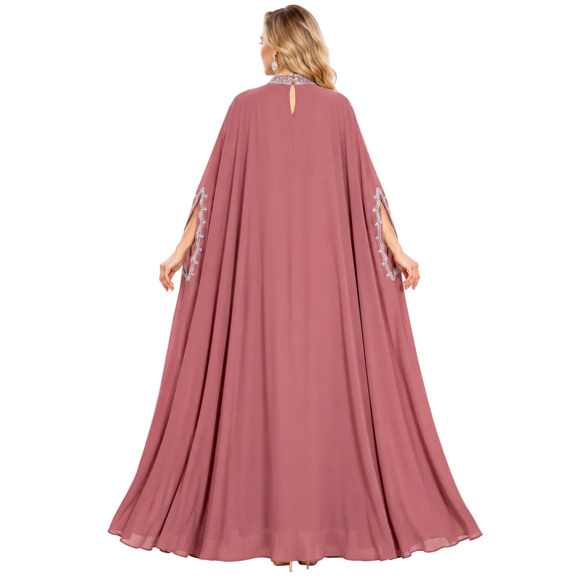Elegant Dusty Rose Embroidered Gamis Kaftan