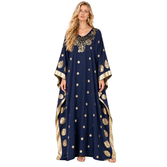 Elegant Blue Gold Embroidered Gamis Kaftan