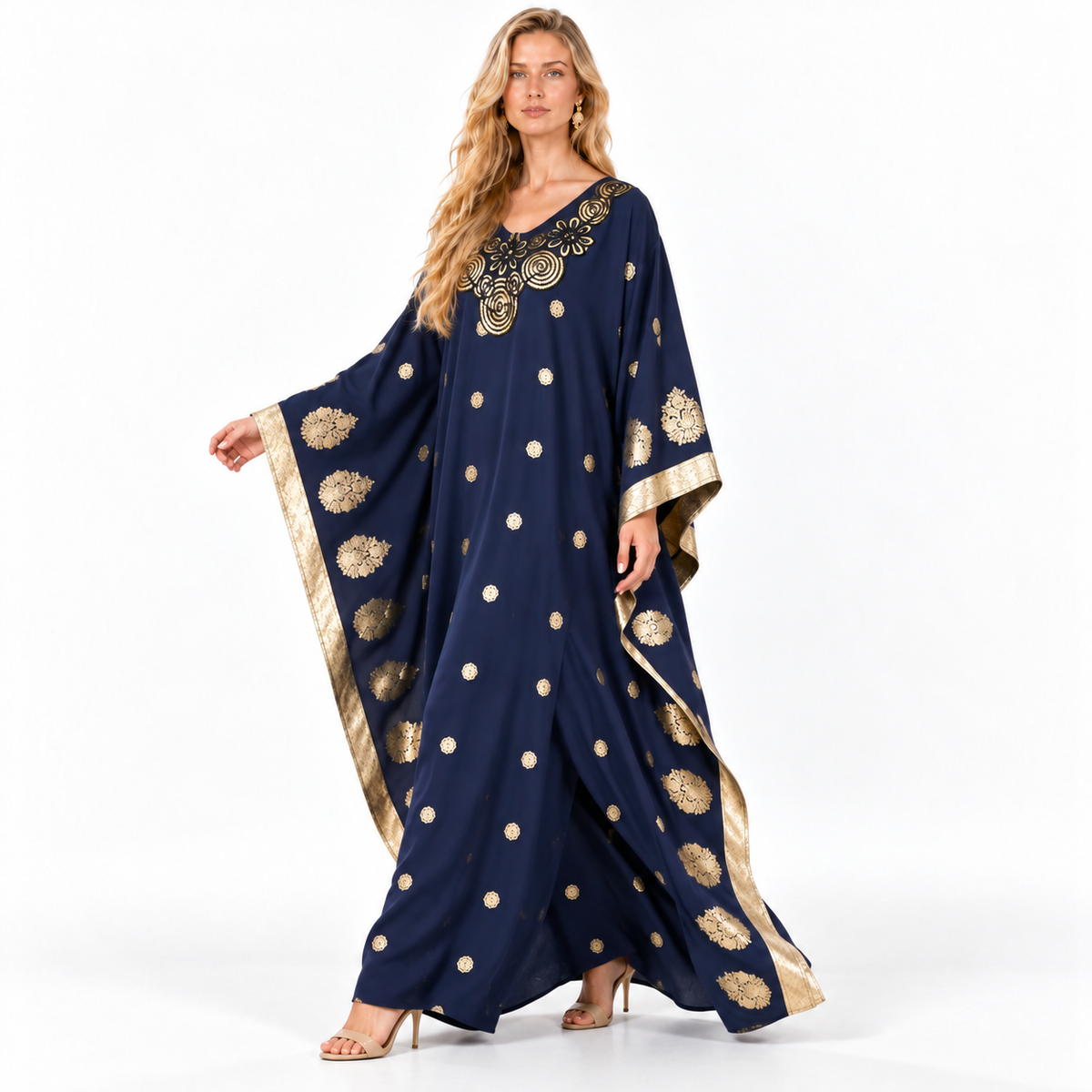 Elegant Blue Gold Embroidered Gamis Kaftan