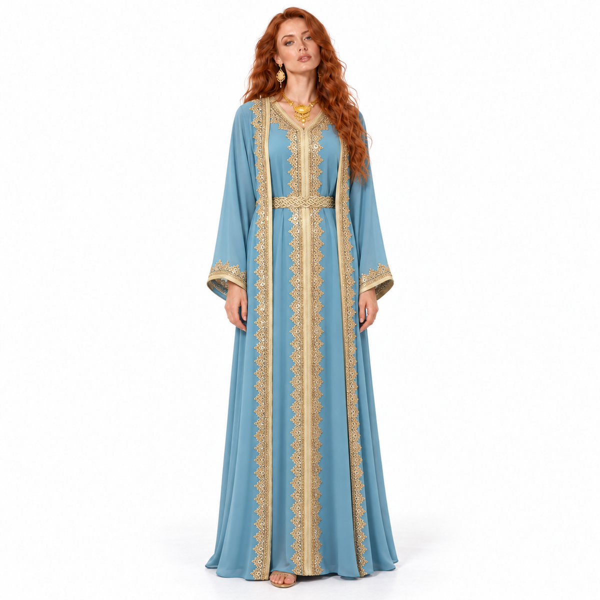 Elegant Blue Gold Embroidered Lebaran Kaftan