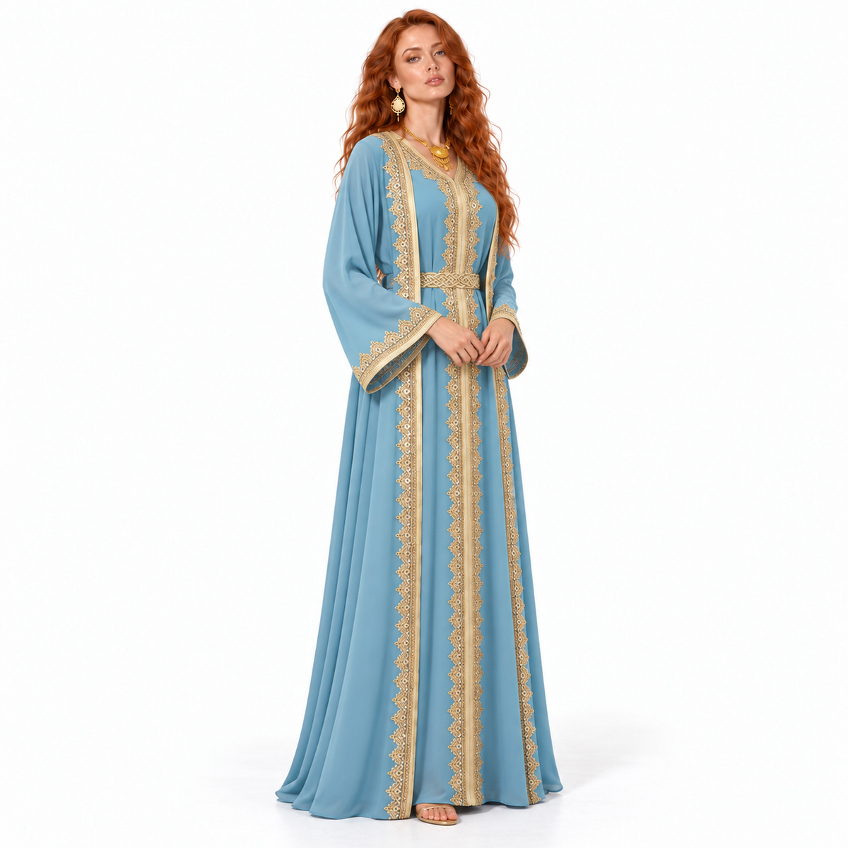 Elegant Blue Gold Embroidered Lebaran Kaftan